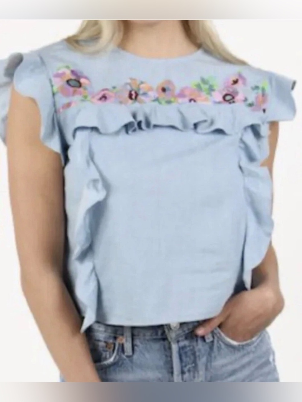 French Connection Chambray Floral Embroidered Sleeveless Ruffled Blouse Size 8